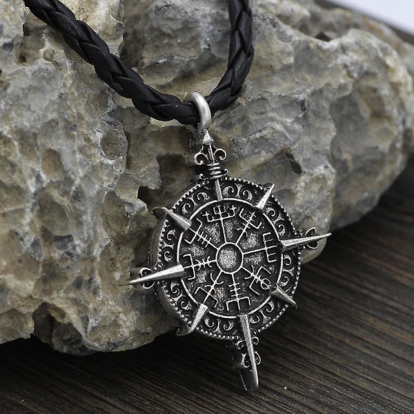 Viking Vegvisir Compass Rune Halsbandshänge - Odin Symbol,barn,antik silver