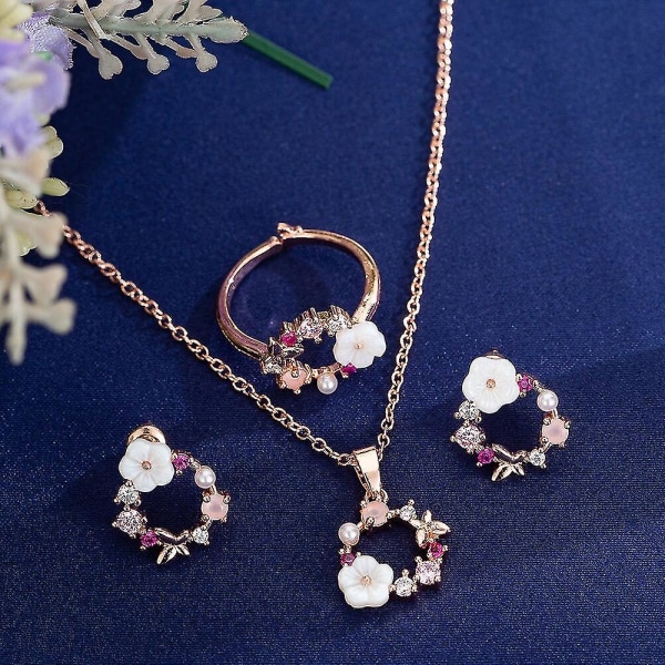 Mode Rose Gold Crystal Hänge Halsband Örhängen Ringar Set Elegant Bröllopssmycke Set Kompatibel med Kvinnor Blommor Bijoux Present, barn, 2st