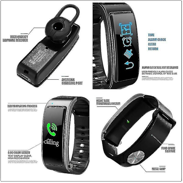 2 i 1 Smart Armband Bluetooth Headset Vattentät Watch Trådlös hörlur Y1, vuxen, svart