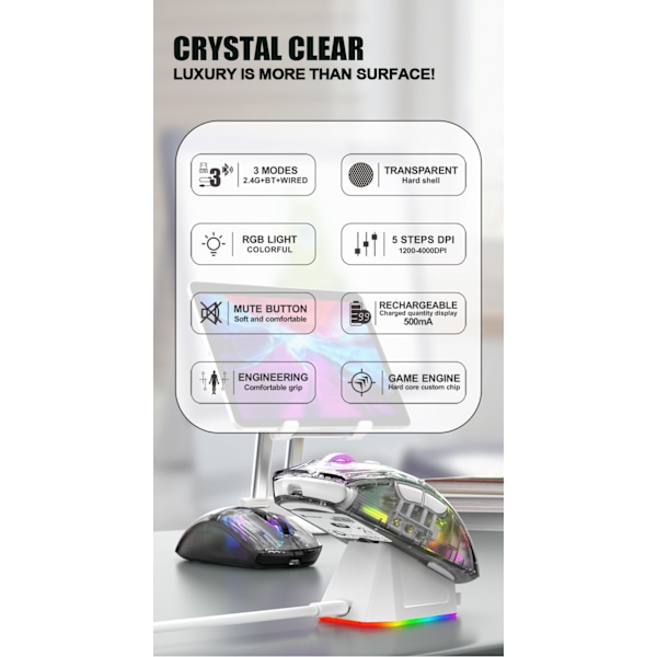 Bluetooth trådlös mus, tri mode RGB transparent mus, mus med laddningsbas