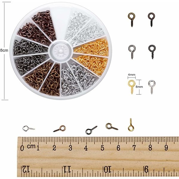 600 st miniöglor 4x8mm små skruvar med låda 6 färger en skruvöglor öljetter skruvögla krok för DIY-hantverk smyckestillverkning harts pärlor, (Z003