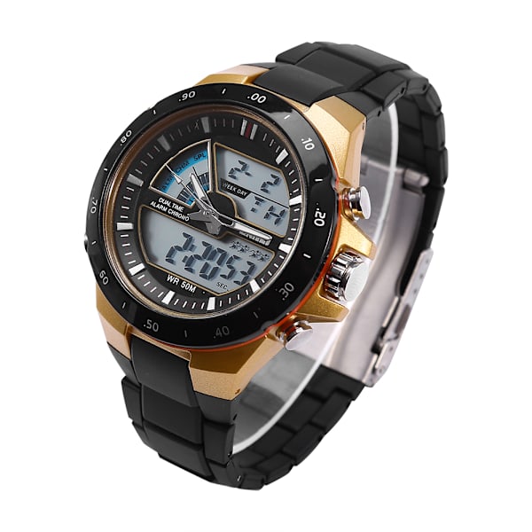 Herr Man Armbandsur Analog Digital Bakgrundsbelysning Dubbeltid Rund Watch Guld Svart