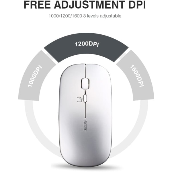 Trådlös Bluetooth mus, laddningsbar mus (BT5.2 3.0) med tyst klick, 3 nivåer DPI bärbar mus för bärbar dator, dator