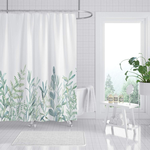 Duschdraperi i textil med gröna blad och blommönster Med mould Tvättbar Med 8 C-ringar med vikt i botten 120 x 180 cm (Bx