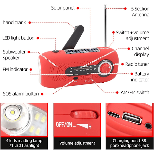 Solardriven radio, radio med vev, nödradio med vev, nödradio med AM/FM, inbyggt 2000 mAh batteri, 4 lägen LED-ficklampa, SOS-larm för cam
