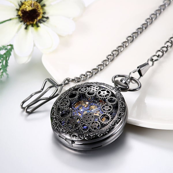 Klassiskt antikt Half Hunter Metal Skelett Ihåligt Handlindning Mekaniskt Watch Armband, vuxen, unisex