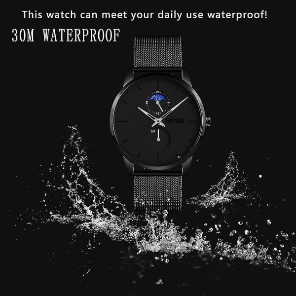 Svarta klockor för män Mode Minimalistisk Vattentät Ultratunn Analog Quartz Moon Phas Rostfritt stål Mesh Armbandsur för män Cc-9208-svart,adu