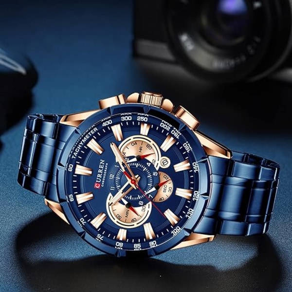 Herr blå rostfritt stål watch, lyxklänning Relojes De Hombre Herrarmbandsur för män Kvarts analog armbandsur Business Snygg Eleg
