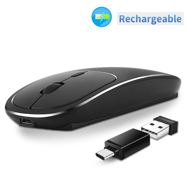 Uppladdningsbar trådlös mus, 2,4G Silent Slim Portabel USB C-mus, sladdlösa aluminiummöss med USB mottagare typ C-adapter för Mac MacBook Chromebo