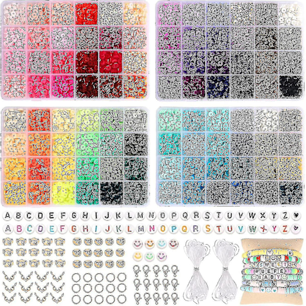 9600st lerpärlor för smyckestillverkning, 96 färger spacer Heishi-pärlor platta runda polymerlerpärlor med bokstavspärlor Smiley -pärlor och elastiska strimlor