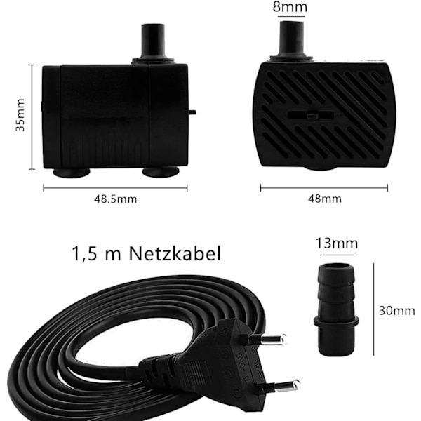 Mini vattenpumpar, extremt tysta med 1,5 m strömkabel, 350 l/h, 5 W, liten nedsänkbar fontänpump, 2 munstycken för akvarium, damm, trädgård, fontän