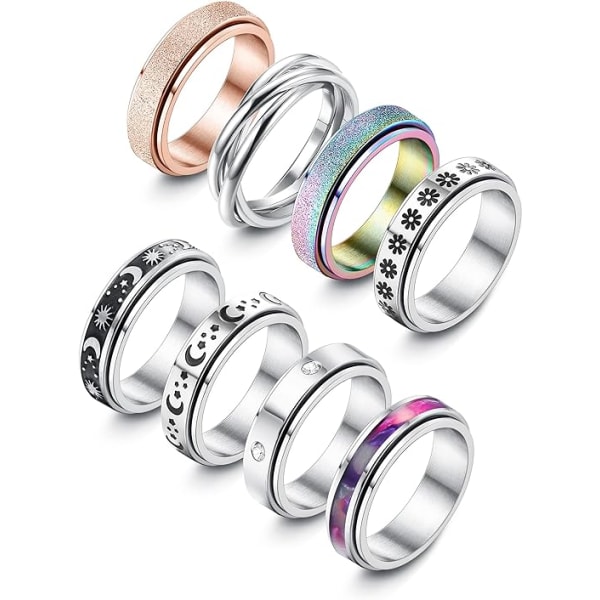 8st stressbeständig ring, lämplig för kvinnor och män, 316L rostfritt stål ring, lämplig för ångest ring set, Fidget ring rotator