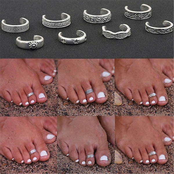 8st Silver Toe Rings Pack För Kvinnor Fingerringar med öppen tå för tonårsflickor Set Boho Smycken För Sommar Sandaler Strand Hennes present,barn,hane