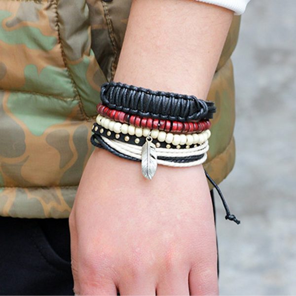 Justerbar Mode Enkel Multilevel Retro Faux Feather Beaded Woven Wrist Armband Set
