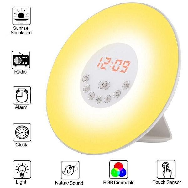 Oplyst vækkeur radio natlampe vækkeur lys LED touch-kontrol solopgang, solnedgang, snooze, 6 naturlyde, 7 farver, 10 lysstyrkeniveauer f
