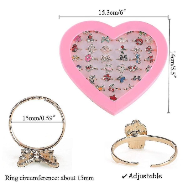 36st justerbara ringar set för flickor prinsess smycken fingerringar för barn födelsedagsfest med hjärtform box -ayane,barn,kvinna