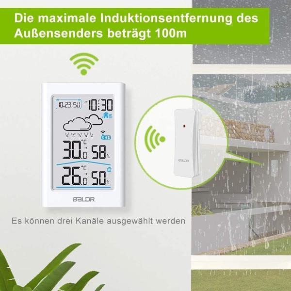 Trådlös väderstation med utomhussensor, digital termometer, hygrometer, rumstermometer inomhus och utomhus, hydrometer, fuktighet med väder