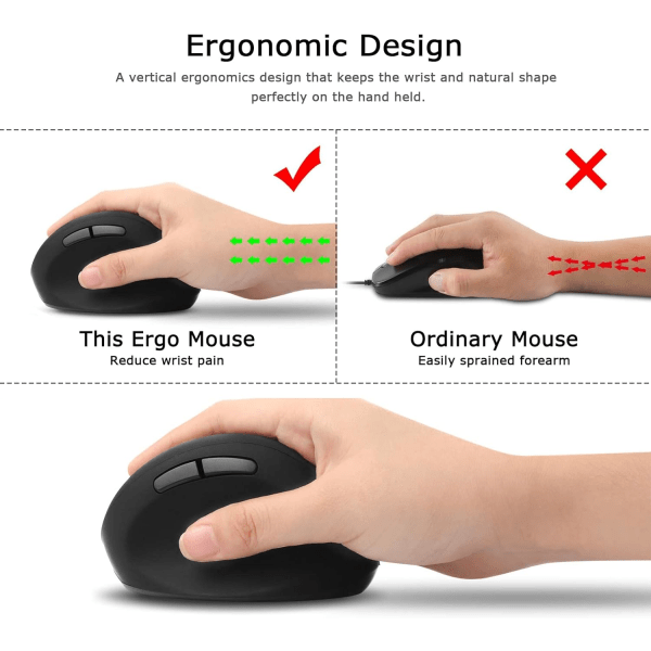 Trådlös ergonomisk vertikal mus, 2,4G optiska möss med hög precision, med 3 nivåer justerbar DPI, minskar batteriets smärta i handleden Mus för bärbar dator stationär