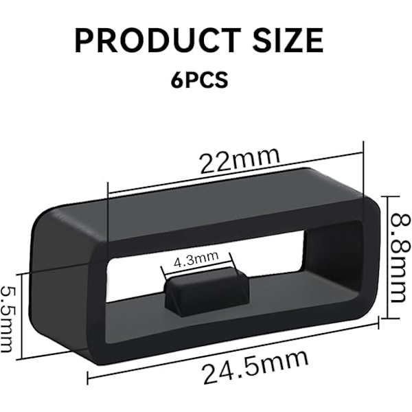22mm Silikonarmbandsslinga, 6-pack Universal Smartwatch-remsspärrringar Svarta Gummibandhållare Ersättningsdelar Armband