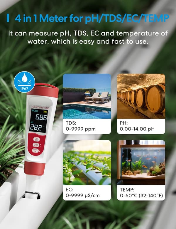 4 i 1, pH/TDS/EC/Temperature Water Quality Tester, IP67, til hydroponics, haver, pools og akvarier