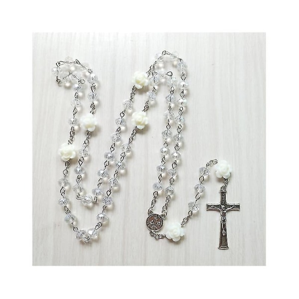Rose Crystal Rosenkranshalsband katolsk vintage korshängande långkedja halsband, barn, vit