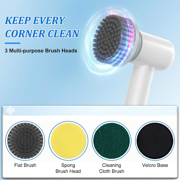 Elektrisk Spin Scrubber Ledningsfri Power Cleaning Brush med 3 børstehoveder, 2-hastigheder Power Spin Scrubber Genopladelig, Multifunktionel Spin Power Scrubb
