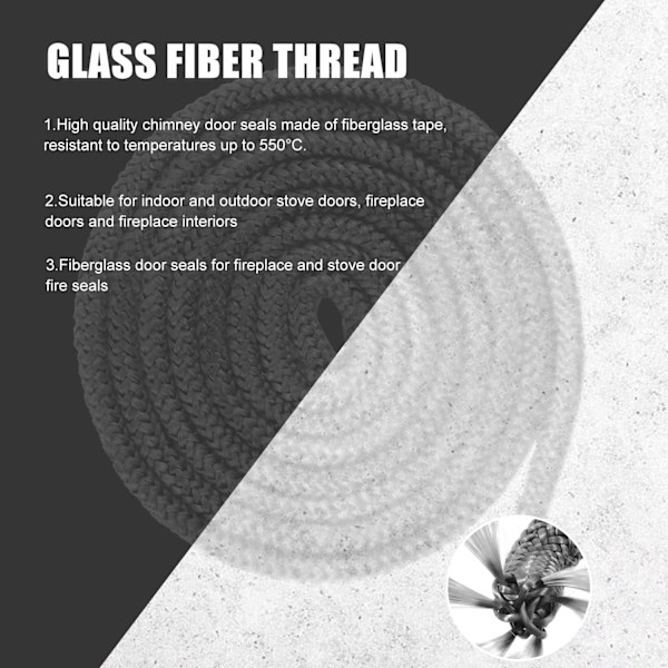 Skorstensindsats Tætning 10mm x 2.5m Flettet Tætning til Indsats og Ovnsskorsten Tætning Glasfiber Dør Tætning til Ovne, Skorsten, Ovnsrør, Ovn Dør - Varme R