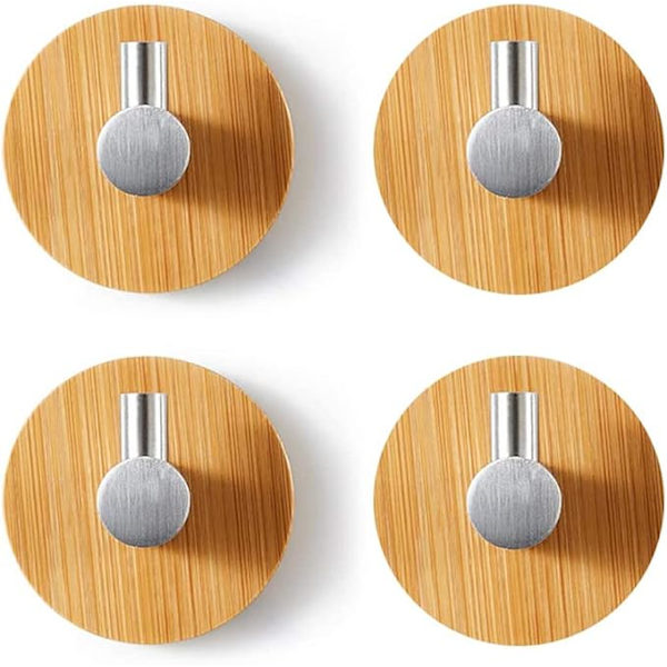 4 delar bambu väggkrok, bambu rostfria krokar, bambu självhäftande krok, ingen borrning Självhäftande handdukskrokar för badrum, toalett, kök