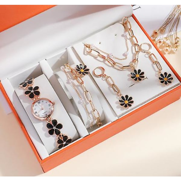 Italiensk design set för kvinnor Romantiskt blomsterhalsband, armband, örhängen, watch i set Födelsedags set för dam, vuxen, svart
