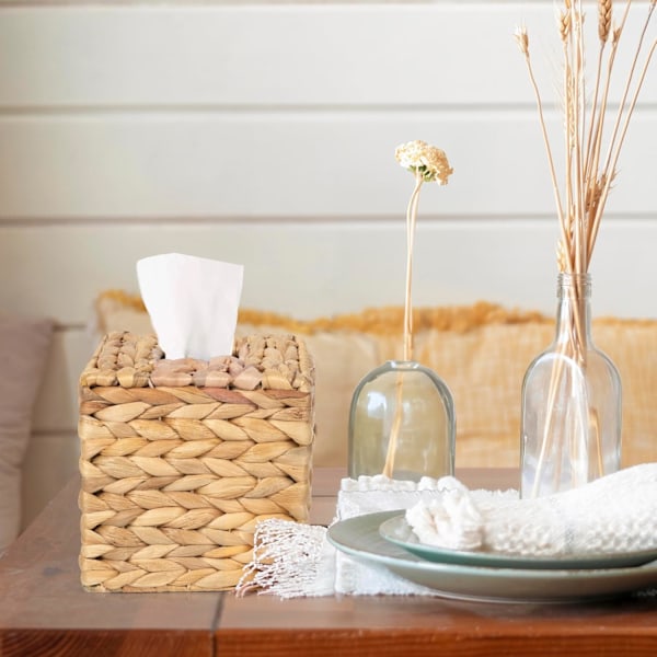 Kudoksenpidin | Viihtyisä Kudostenpeite | Neliömäinen Kleenex-laatikon peite | Boho-tyylinen Koristeellinen Rattan-kudostenpeite Pöydälle ja Kylpyhuoneeseen