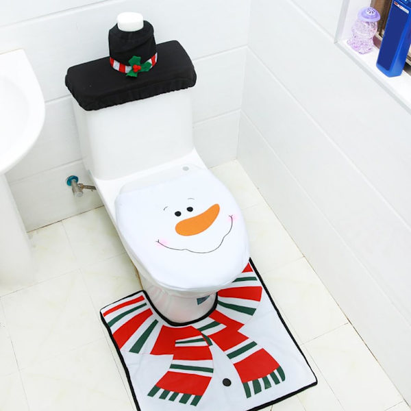 Joulu WC-istuimen peitesetti, söpö joulupukki ja lumimies WC-istuimen peite + WC-säiliön peite paperikotelo + mattosetti jouluiseen kylpyhuoneen sisustukseen