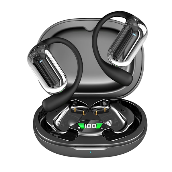 Open Ear Bluetooth hörlurar, trådlösa hörsnäckor Inbyggd mikrofon med öronkrokar 50H Playtime Ear Buds LED Display Case, Vattentät design för Ru