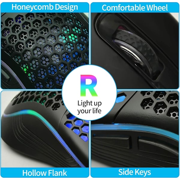 Honeycomb trådad spelmus, RGB-bakgrundsbelysning, ergonomisk och lätt USB -datormus med högprecisionssensor för bärbara Windows-datorspelare (B