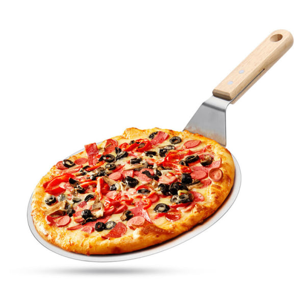 Rund pizzaskal i rostfritt stål med trähandtag, kaklyftare för pizzor, kakor, pajer, bröd