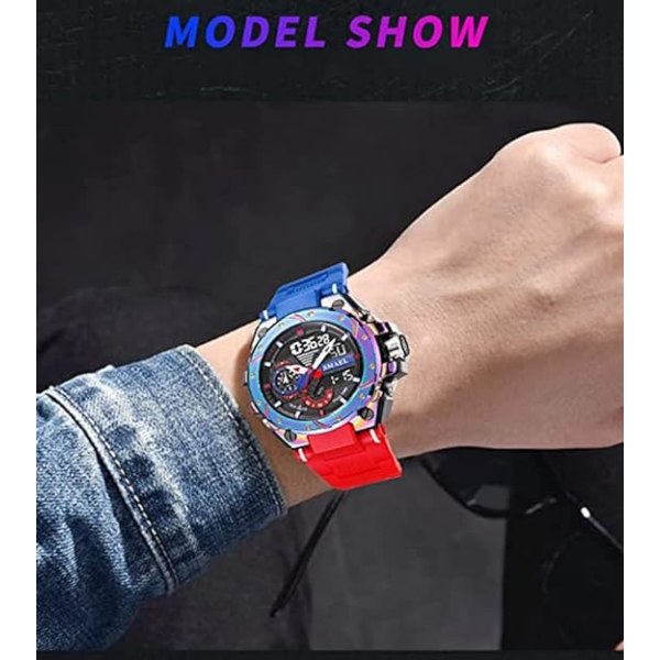 Bländande blå röd och silver analog digital watch för män Big Face Utomhussport Vattentät militär armbandsur med datum Multifunction Tactical L