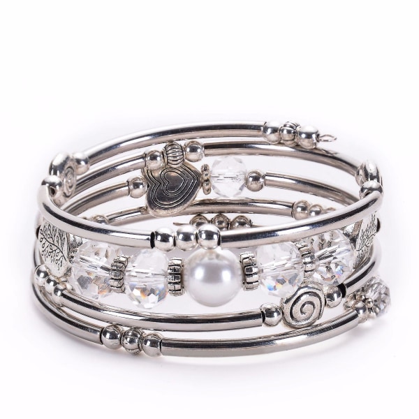 Pärlstav silverarmband wrap armband för henne, lager bohemiska armband med natursten, smycken presenter för kvinnor damer, vuxen, vit