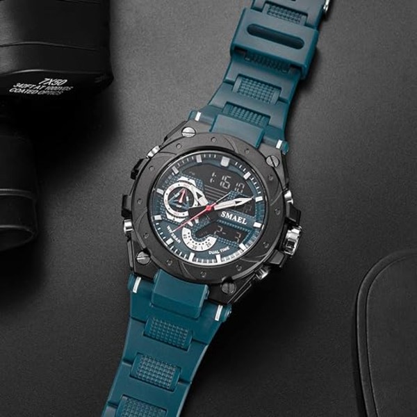 Limegrön och silver analog digital watch för män Big Face Utomhussport Vattentät militärarmbandsur med datum Multifunktion Taktisk LED Ar