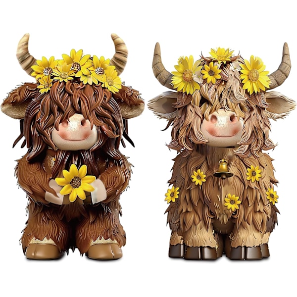 2 Pak Highland Cow Brun Skotsk Highland Cow Gnomer med Blomst Resin Figur Kalv Gnome Hjord Gnome Gave til Jul Landhus Bord Hjem Dekoration