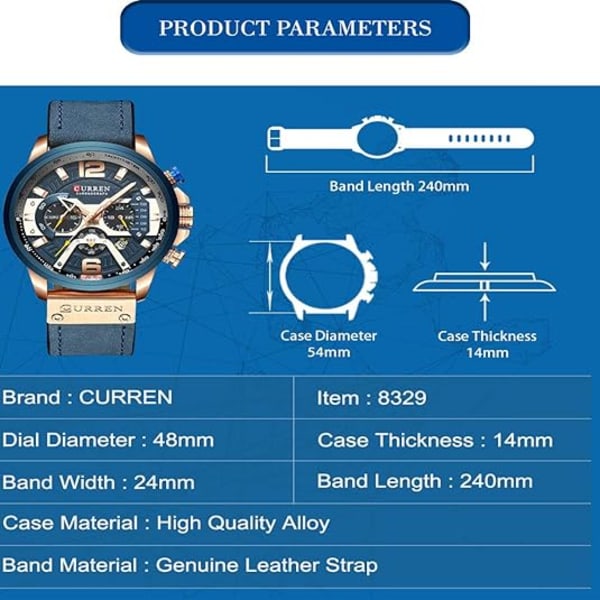 Casual för män Militärt lädermode kronografarmbandsur Vattentät sexhands watch för män (roséguldblå)