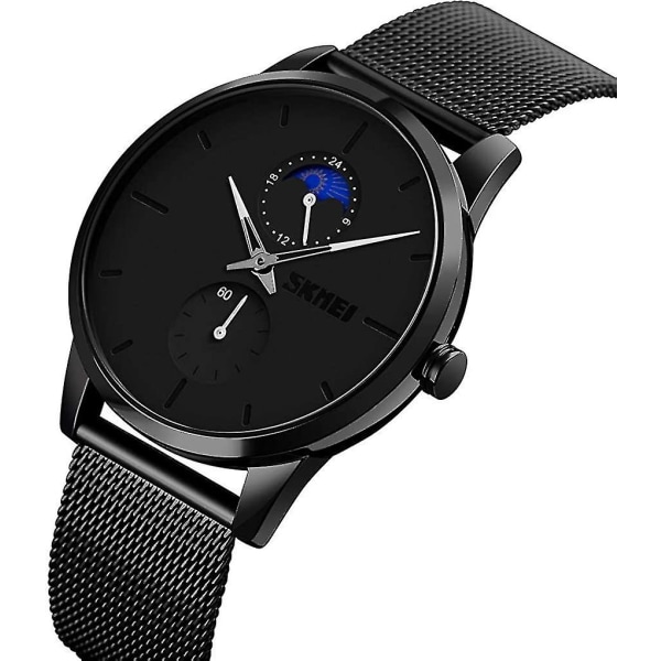 Svarta klockor för män Mode Minimalistisk Vattentät Ultratunn Analog Quartz Moon Phas Rostfritt stål Mesh Armbandsur för män Cc-9208-svart,adu