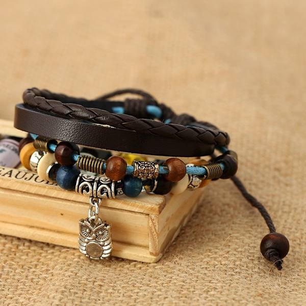 Unisex handgjorda kohudslegering hänge träpärlor retro muti-lager armband smycken tillbehör