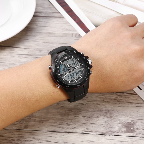 Man Armbandsur Analog Digital Bakgrundsbelysning Dual Time Round Watch Svart