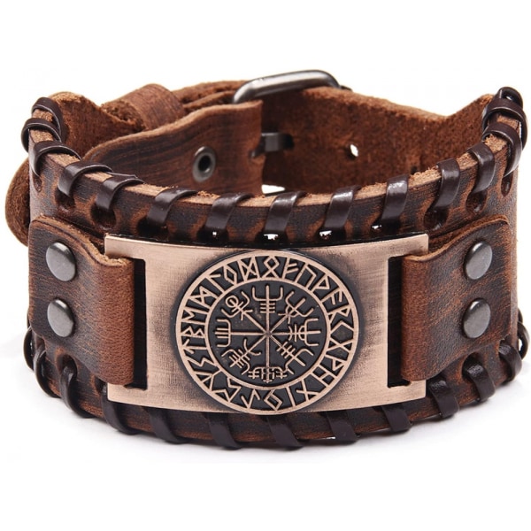 Vikingarmband Justerbar manschett med Vegvisir kompass Nordisk amulett Celtic Paganism smycken (brun), Läder