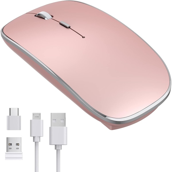 Uppladdningsbar trådlös mus, 2,4G Silent Mini Slim Mouse, Nano USB Type C Mouse Dual Receiver för PC, Laptop, Macbook, Chromebook (Rose Gold)