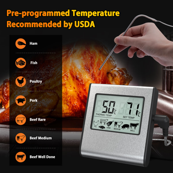 Digital kötttermometer med stor LCD-skärm för rökugn Köksgodis Grilltermometer med timer och rostfritt ståltemperering