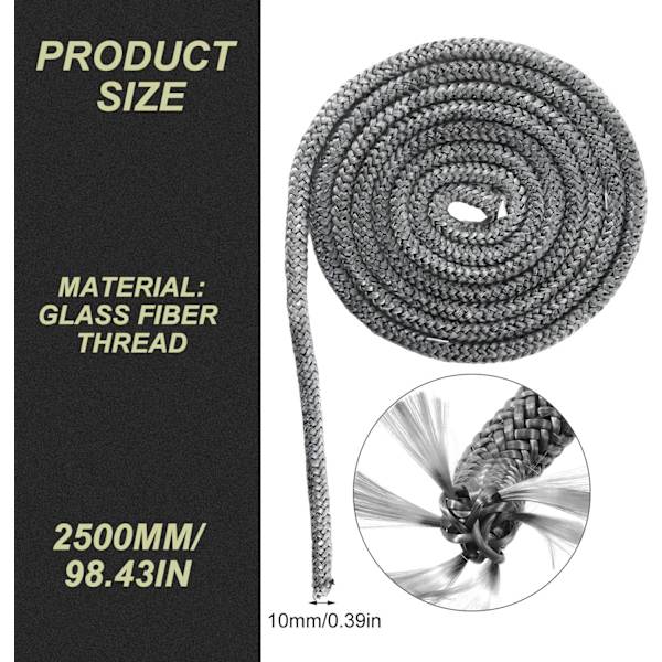 Skorstensindsats Tætning 10mm x 2.5m Flettet Tætning til Indsats og Ovnsskorsten Tætning Glasfiber Dør Tætning til Ovne, Skorsten, Ovnsrør, Ovn Dør - Varme R