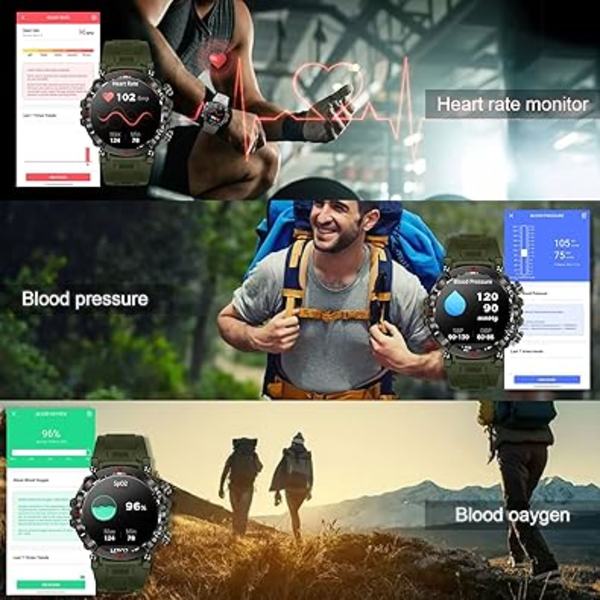 Militär Smartwatch för män, Robust Tactical Bluetooth Call Smart Watch för Android iOS-telefoner, Outdoor Touch Screen Digital Fitness Watch med Sport