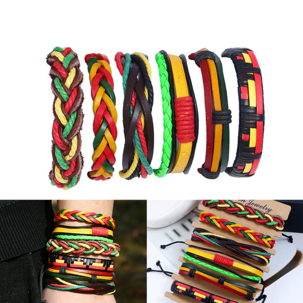 6st färgglada vävda multi Handgjorda läderjusterbart DIY-armband Nyckelord