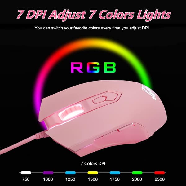 AJ52 Gaming Mouse Kabelansluten, 7 programmerbara knappar, datormöss med RGB LED-bakgrundsbelyst, 200 4000 DPI Justerbar, för Windows Mac OS Linux (Rosa)
