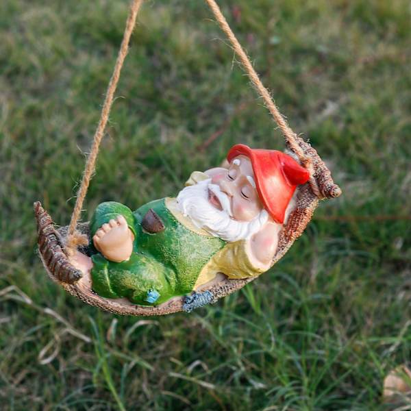 GNOME utomhusträdgårdsstaty, liggande dvärg med hängmattastaty, GNOME vattentät hartshängande trädgårdsprydnad för trädgårdsgräsmatta utomhus